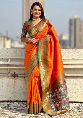 Orange woven self design tissue silk blend patola saree with blouse 1