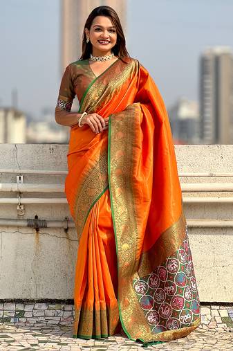 Orange woven self design tissue silk blend patola saree with blouse