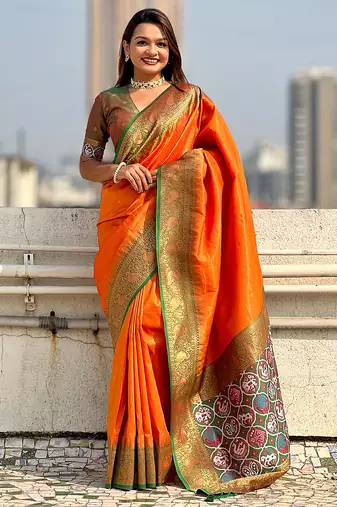Orange woven self design tissue silk blend patola saree with blouse