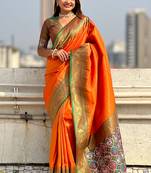 Orange woven self design tissue silk blend patola saree with blouse