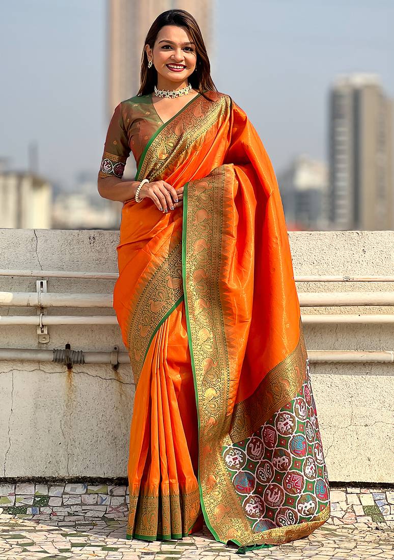Orange woven self design tissue silk blend patola saree with blouse