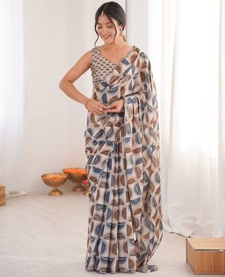 Women party wear digital print heavy chinnon saree with un sttiched blouse 1