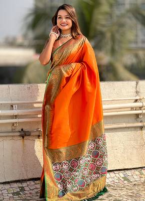 Orange woven self design tissue silk blend patola saree with blouse 3