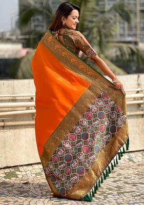 Orange woven self design tissue silk blend patola saree with blouse 4