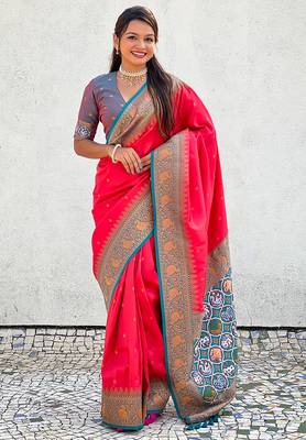 Pink woven self design tissue silk blend patola saree with blouse 1
