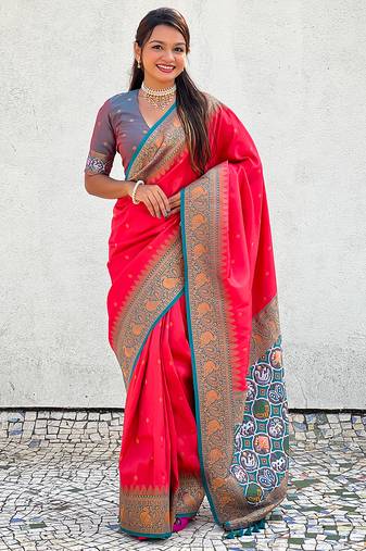 Pink woven self design tissue silk blend patola saree with blouse