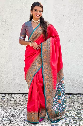 Pink woven self design tissue silk blend patola saree with blouse
