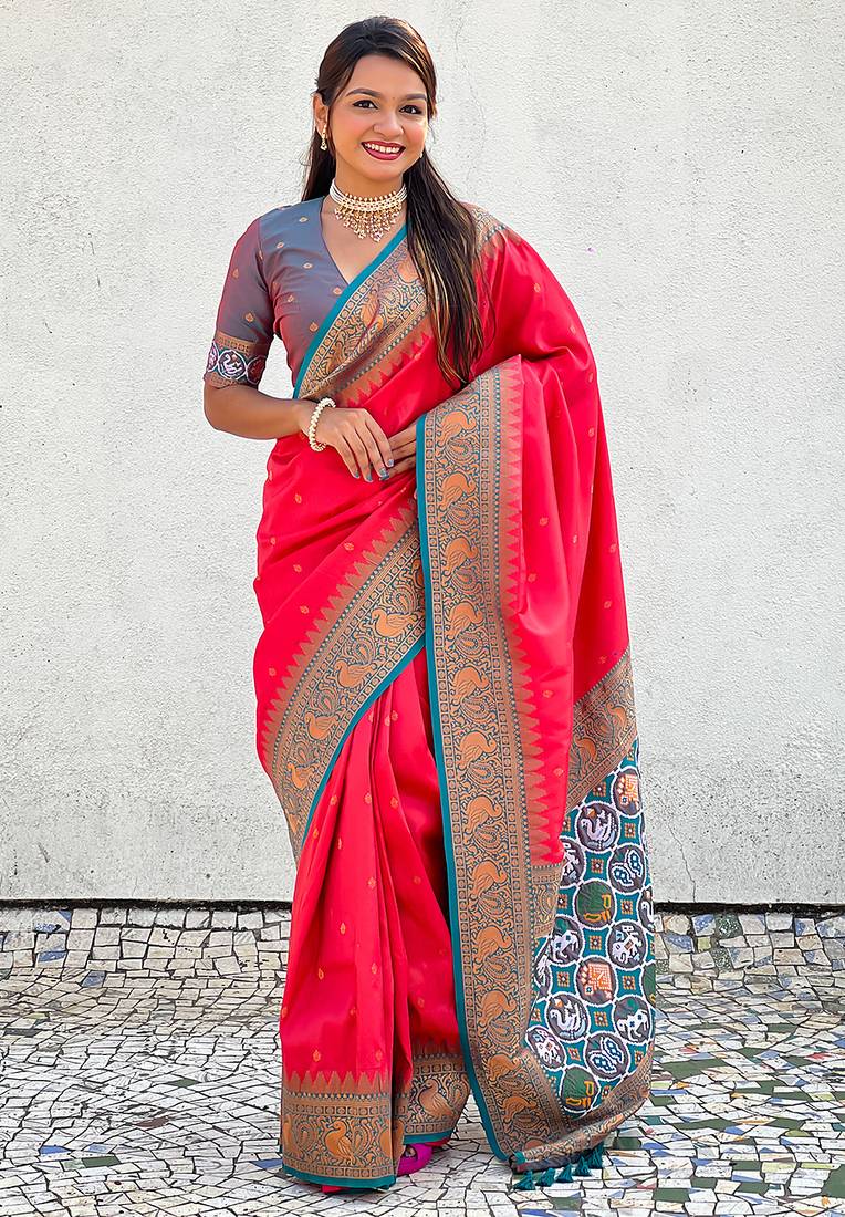 Pink woven self design tissue silk blend patola saree with blouse