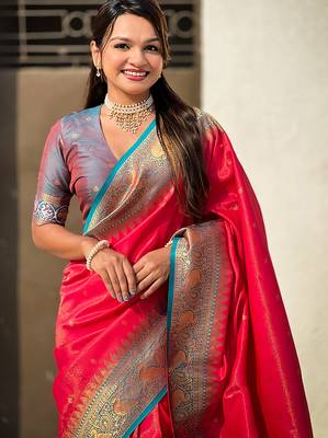 Pink woven self design tissue silk blend patola saree with blouse 2