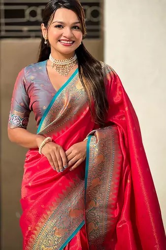 Pink woven self design tissue silk blend patola saree with blouse