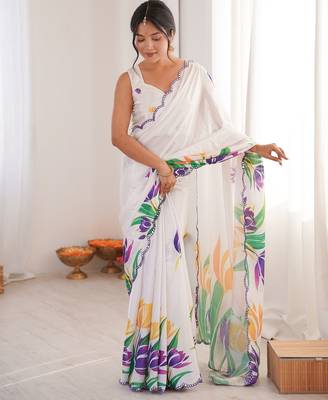 Women party wear digital print heavy chinnon saree with un sttiched blouse 2