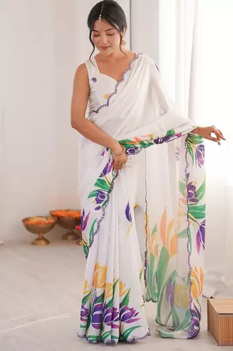 Women party wear digital print heavy chinnon saree with un sttiched blouse