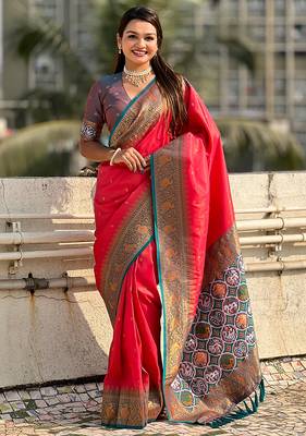 Pink woven self design tissue silk blend patola saree with blouse 3