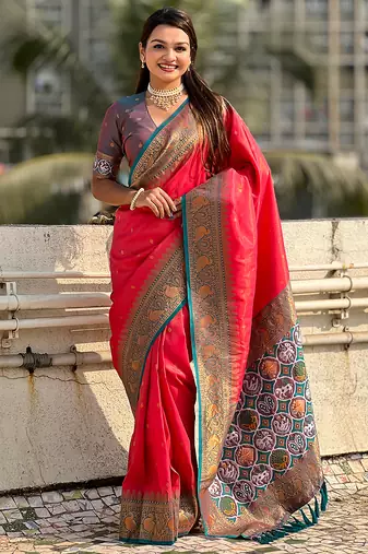 Pink woven self design tissue silk blend patola saree with blouse