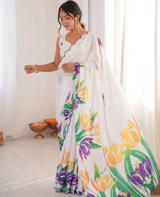 Women party wear digital print heavy chinnon saree with un sttiched blouse 3