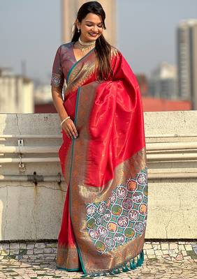 Pink woven self design tissue silk blend patola saree with blouse 4