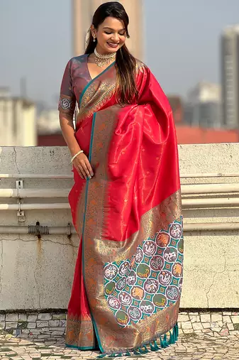 Pink woven self design tissue silk blend patola saree with blouse