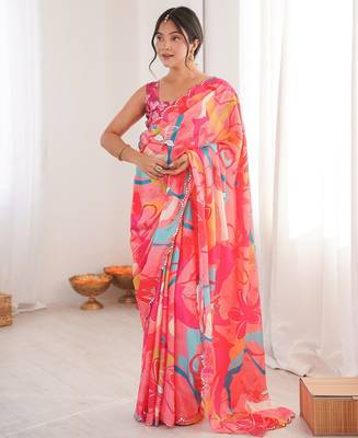 Women party wear digital print heavy chinnon saree with un sttiched blouse 1
