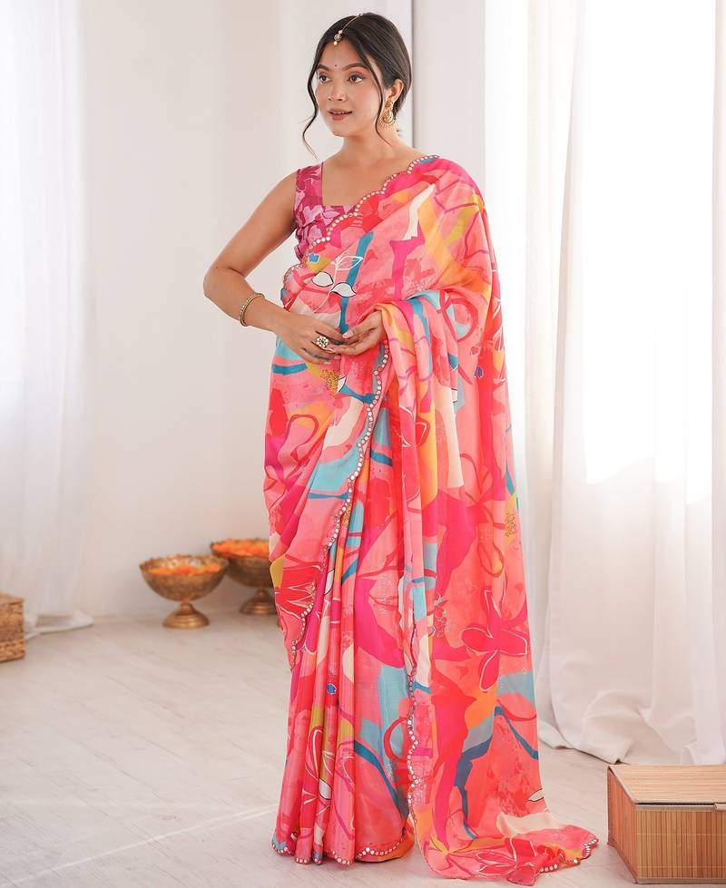 Women party wear digital print heavy chinnon saree with un sttiched blouse