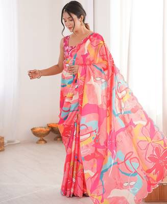 Women party wear digital print heavy chinnon saree with un sttiched blouse 2