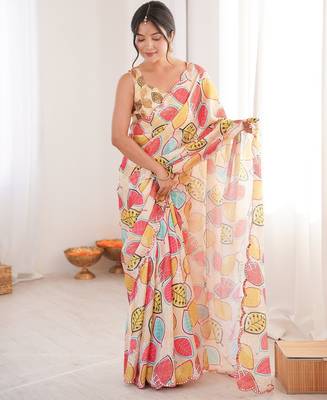 Women party wear digital print heavy chinnon saree with un sttiched blouse 1