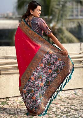 Pink woven self design tissue silk blend patola saree with blouse 5