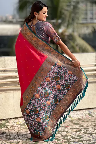 Pink woven self design tissue silk blend patola saree with blouse