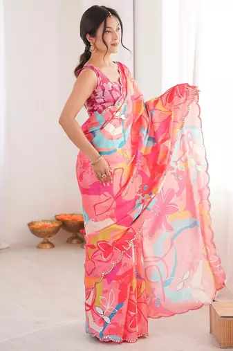 Women party wear digital print heavy chinnon saree with un sttiched blouse