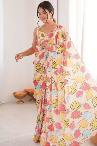 Women party wear digital print heavy chinnon saree with un sttiched blouse