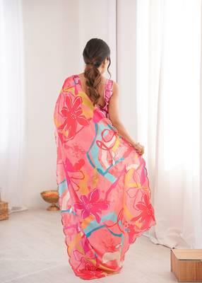 Women party wear digital print heavy chinnon saree with un sttiched blouse 4