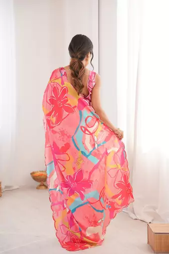 Women party wear digital print heavy chinnon saree with un sttiched blouse