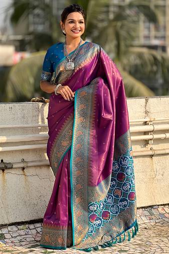 Purple woven self design tissue silk blend patola saree with blouse
