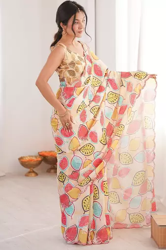 Women party wear digital print heavy chinnon saree with un sttiched blouse