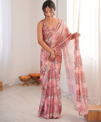 Women party wear digital print heavy chinnon saree with un sttiched blouse 1