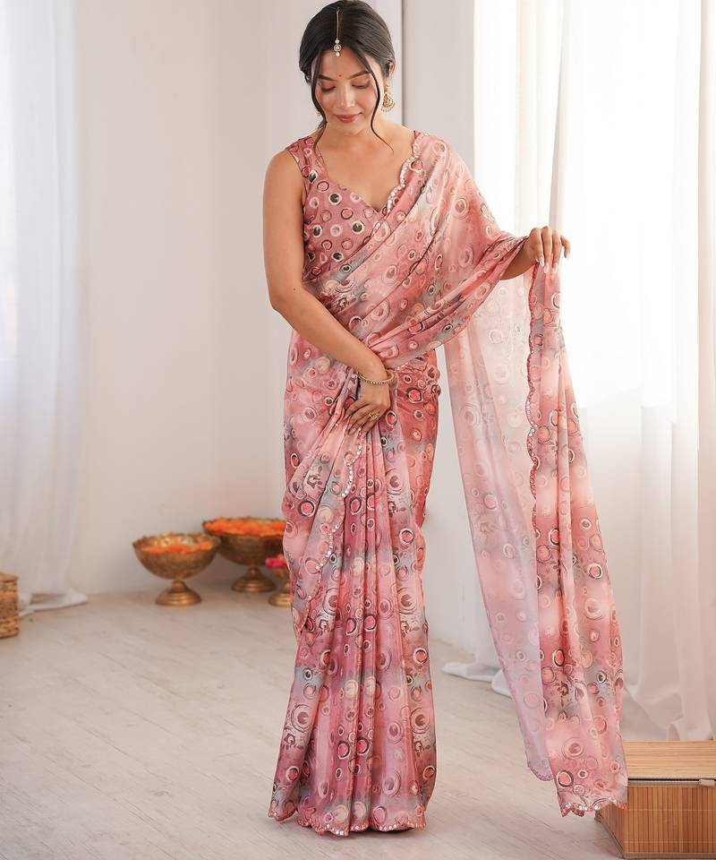 Women party wear digital print heavy chinnon saree with un sttiched blouse