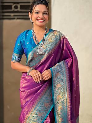 Purple woven self design tissue silk blend patola saree with blouse 2