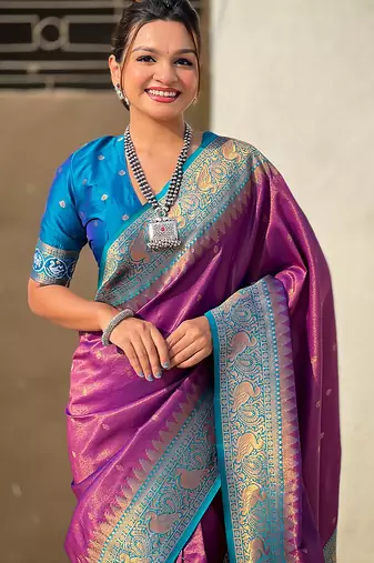 Purple woven self design tissue silk blend patola saree with blouse