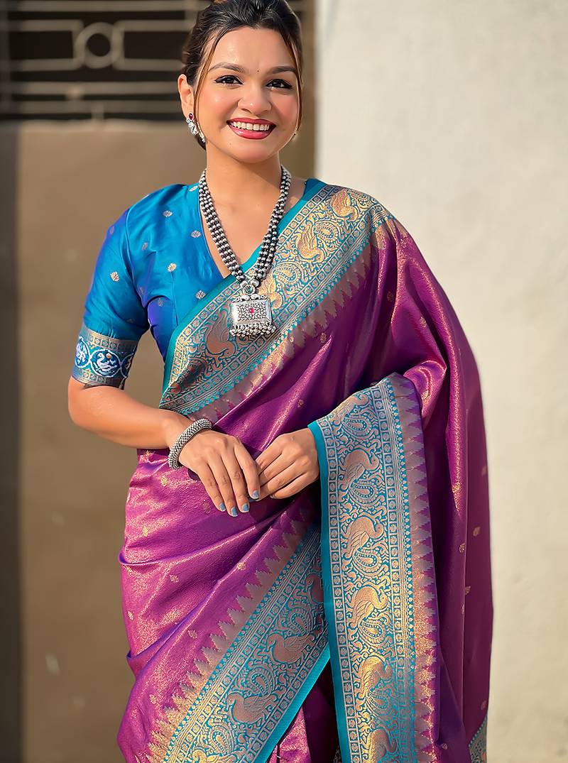 Purple woven self design tissue silk blend patola saree with blouse