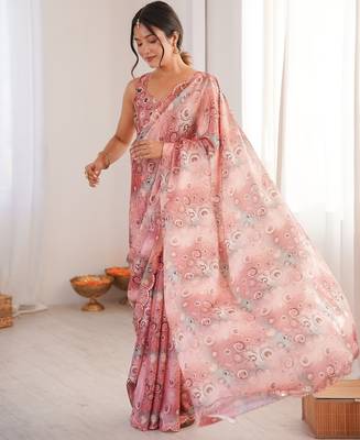 Women party wear digital print heavy chinnon saree with un sttiched blouse 2