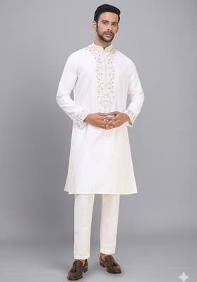 men’s off white silk kurta set with rich embroidery 1