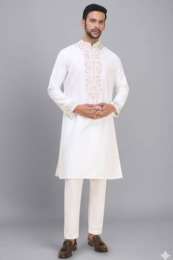 men’s off white silk kurta set with rich embroidery