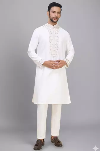 men’s off white silk kurta set with rich embroidery