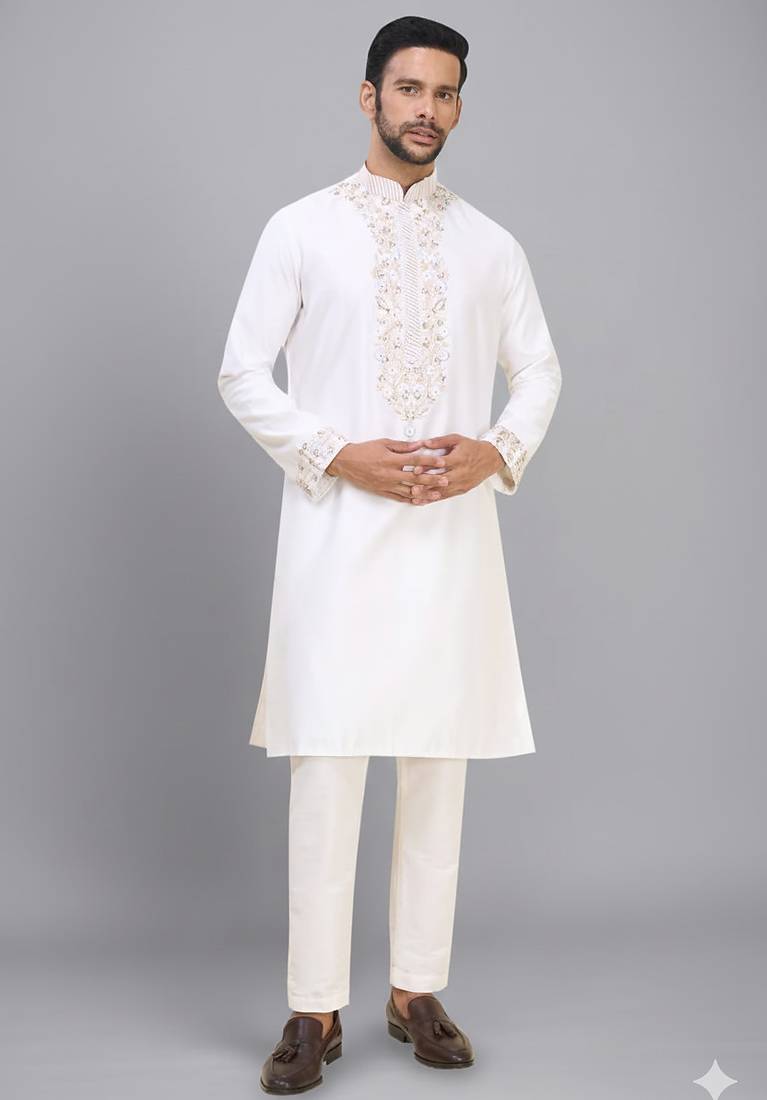 men’s off white silk kurta set with rich embroidery
