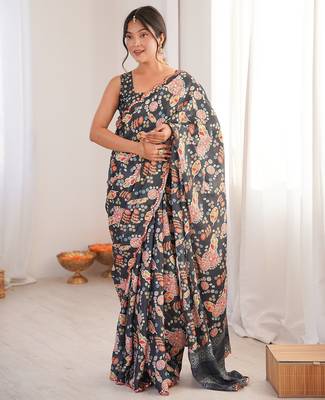 Women party wear digital print heavy chinnon saree with un sttiched blouse 1