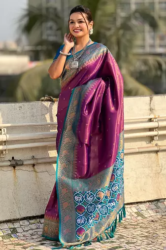 Purple woven self design tissue silk blend patola saree with blouse