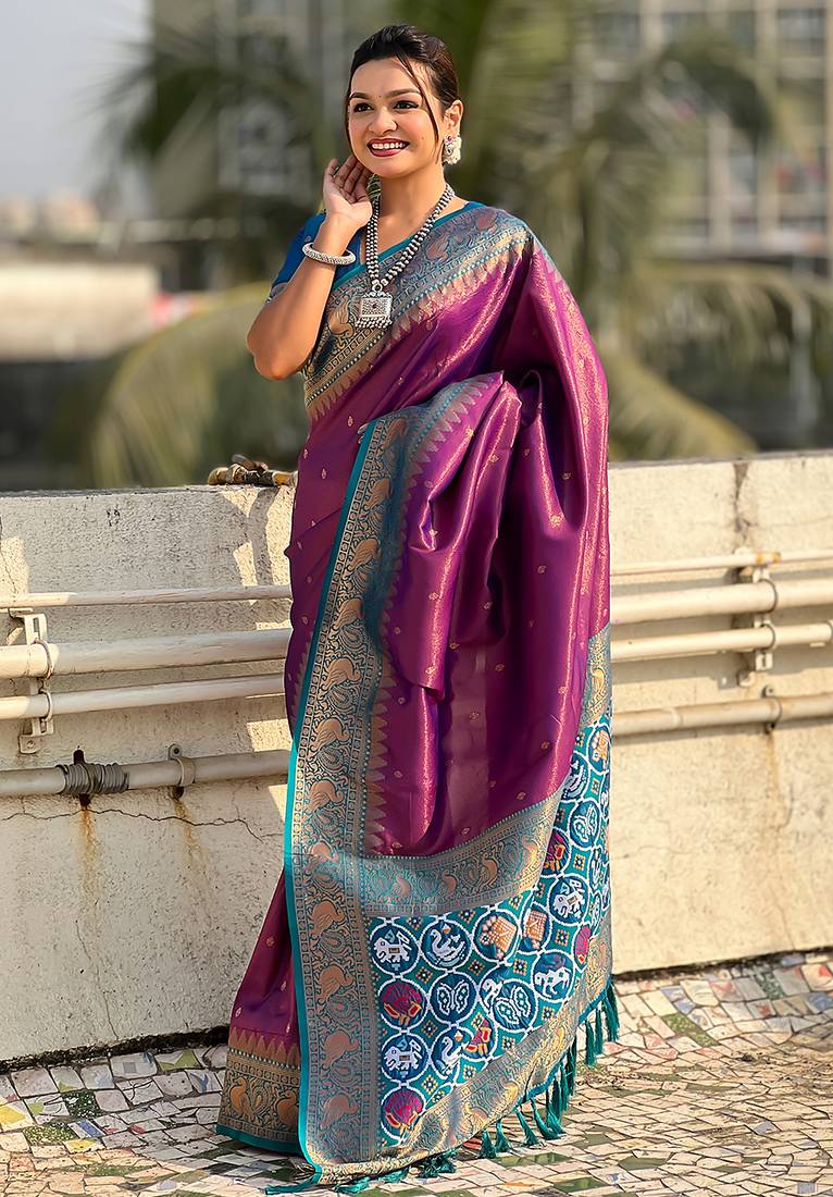 Purple woven self design tissue silk blend patola saree with blouse