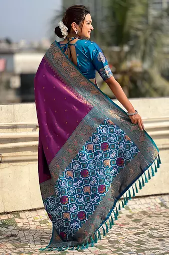 Purple woven self design tissue silk blend patola saree with blouse
