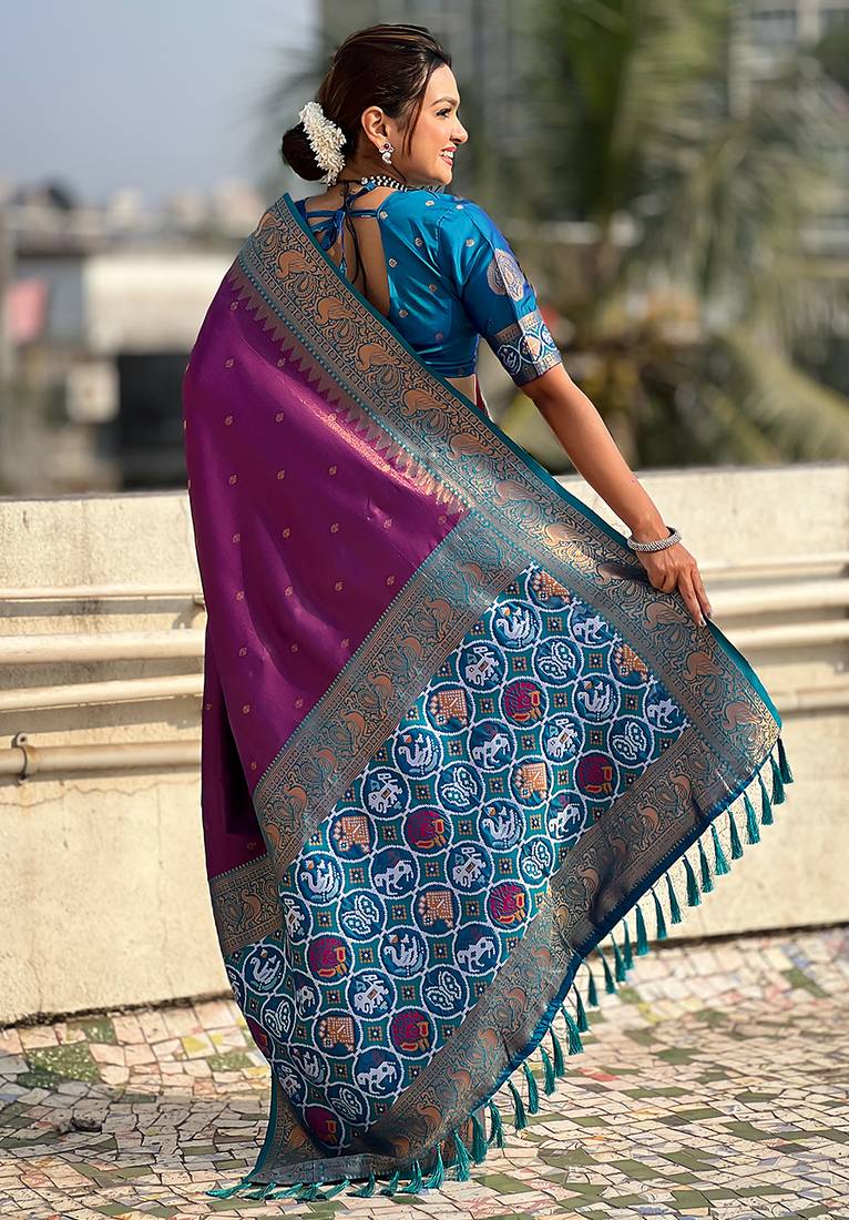 Purple woven self design tissue silk blend patola saree with blouse