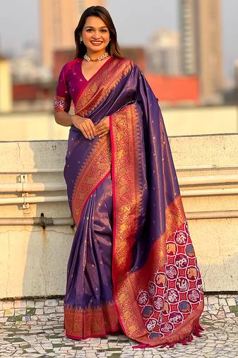Violet woven self design tissue silk blend patola saree with blouse