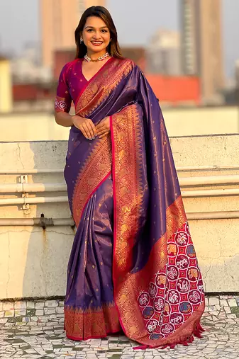 Violet woven self design tissue silk blend patola saree with blouse